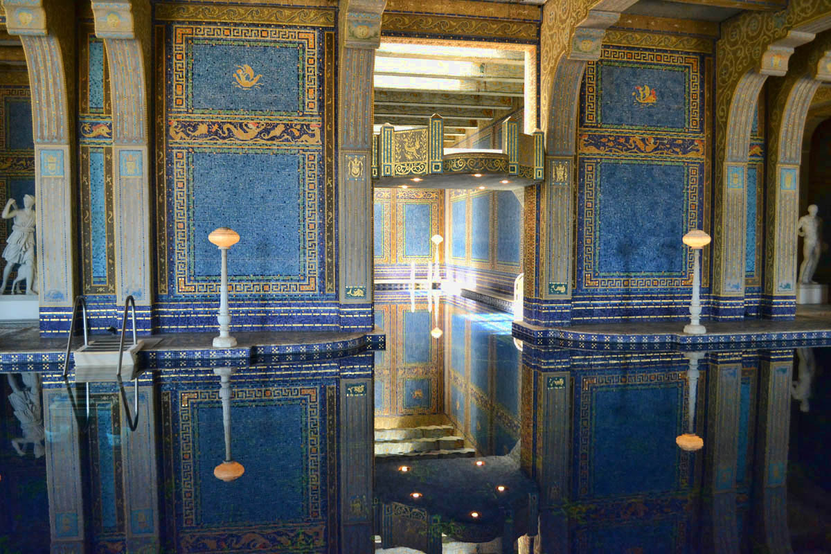The 10 ft pool is decorated from floor to ceiling with glass mosaic tiles.