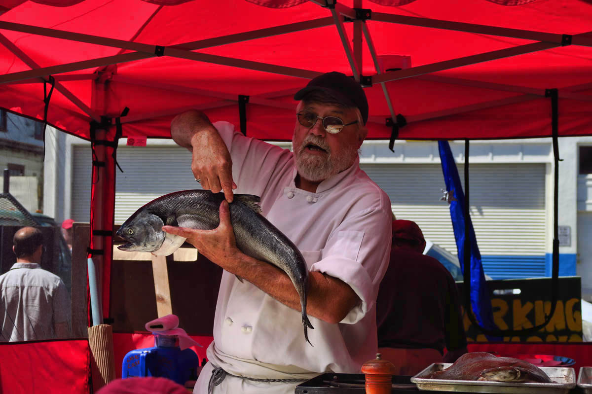 Not only does he demonstrate how to filet this King Salmon, but he will pan saute it and serve with some quinoa cakes, and mixed greens with Meyer's lemon vinaigrette.