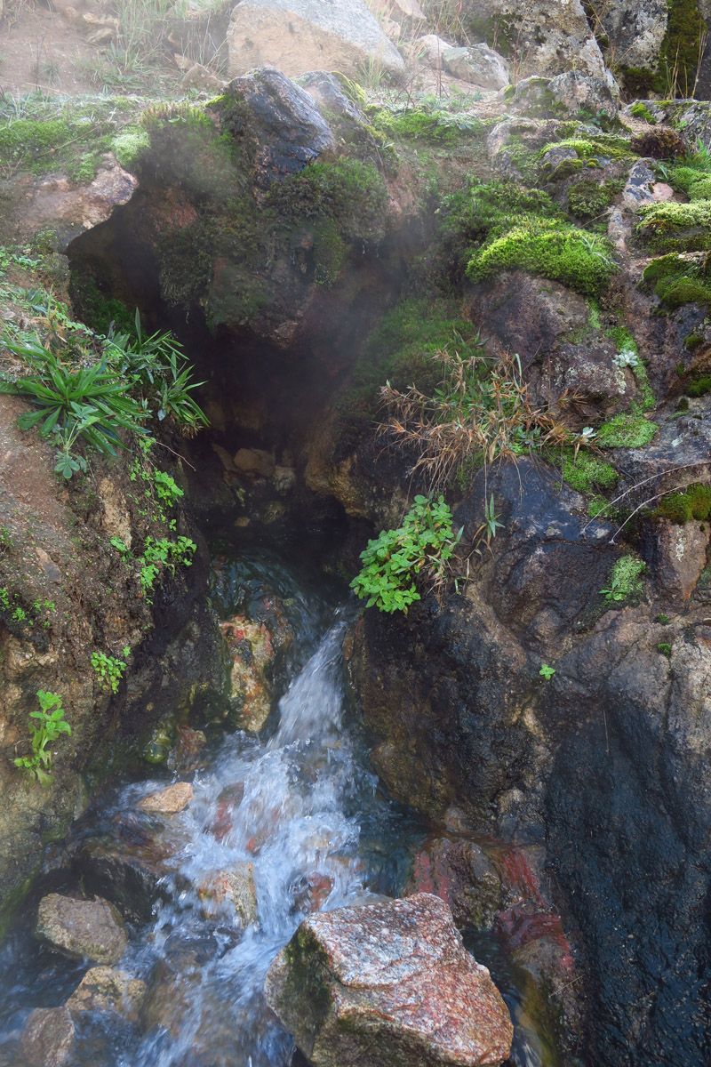 The steaming hot water is shooting out of these five small holes in the ground. It's possible to walk above them and never cross the water, but below is a cascade...
