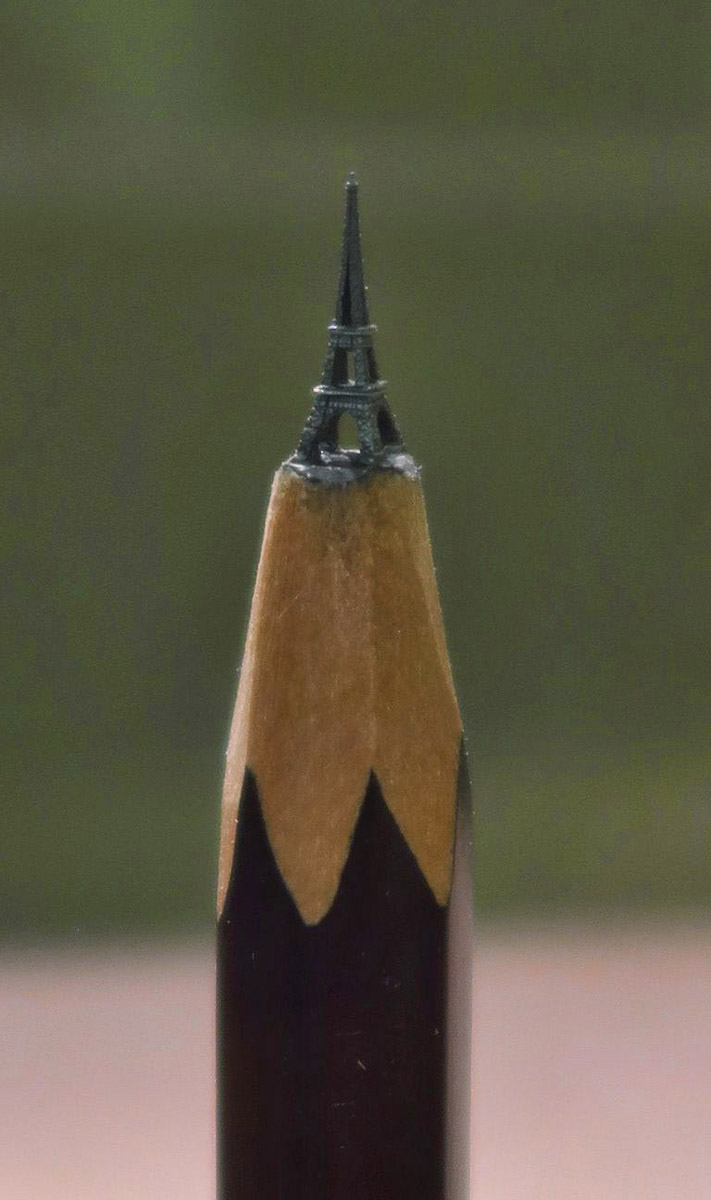 The Eiffel Tower. Typical carving tools are a razor blade, a sewing needle, and a sculpting knife.